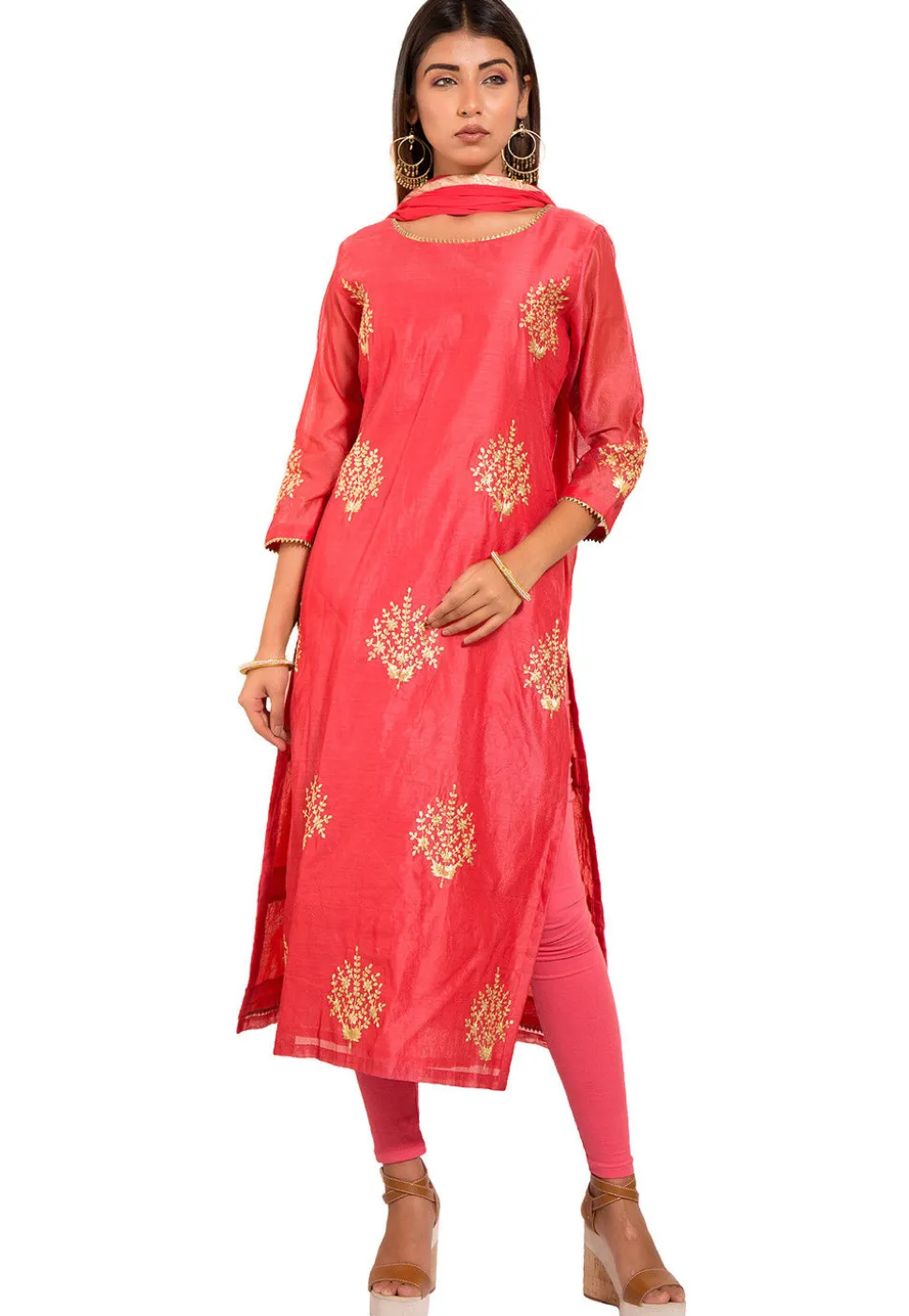 Embroidered Chanderi Silk Straight Suit in Coral Pink