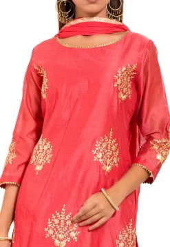Embroidered Chanderi Silk Straight Suit in Coral Pink