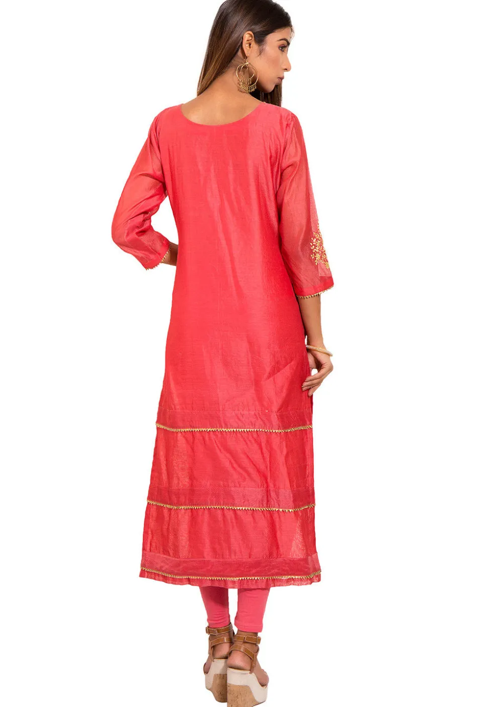 Embroidered Chanderi Silk Straight Suit in Coral Pink