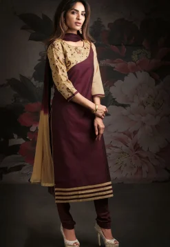 Embroidered Chanderi Silk Straight Suit in Wine and Beige