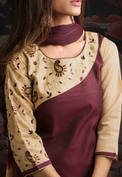 Embroidered Chanderi Silk Straight Suit in Wine and Beige