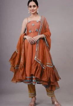 Embroidered Chanderi Silk Aline Suit in Rust