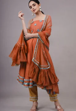 Embroidered Chanderi Silk Aline Suit in Rust
