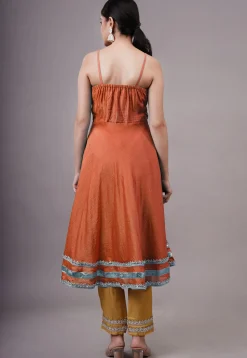 Embroidered Chanderi Silk Aline Suit in Rust