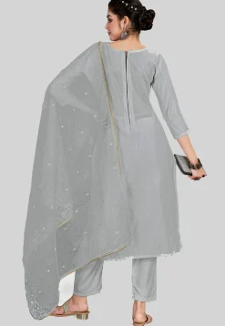Embroidered Chanderi Silk Pakistani Suit in Grey