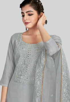 Embroidered Chanderi Silk Pakistani Suit in Grey