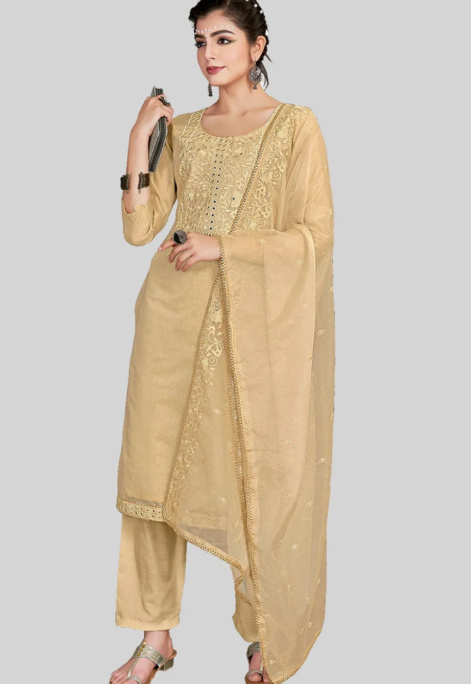 Embroidered Chanderi Silk Pakistani Suit in Beige
