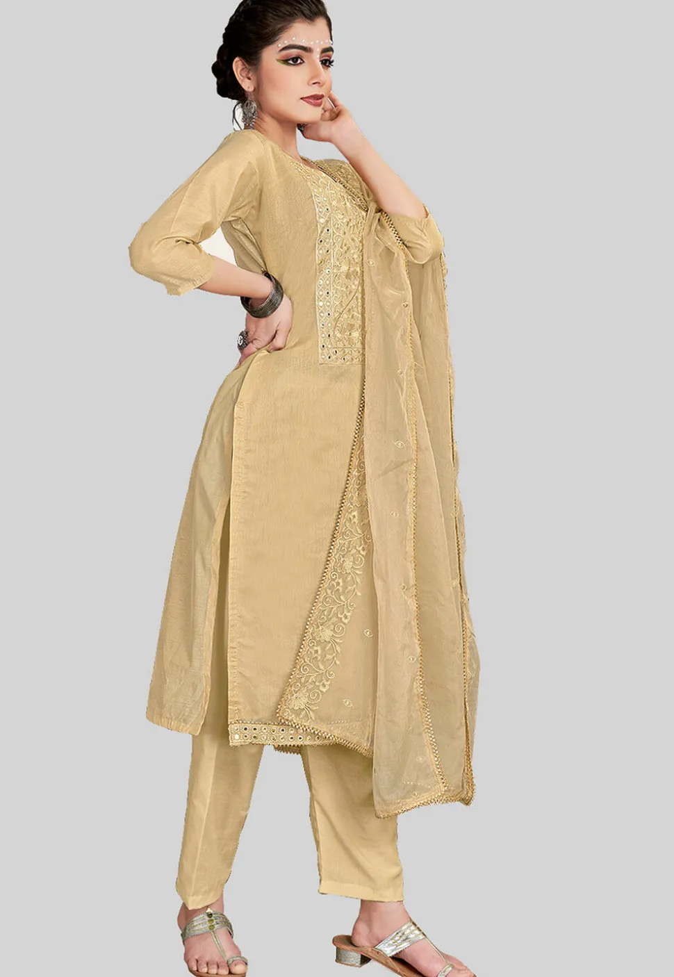 Embroidered Chanderi Silk Pakistani Suit in Beige