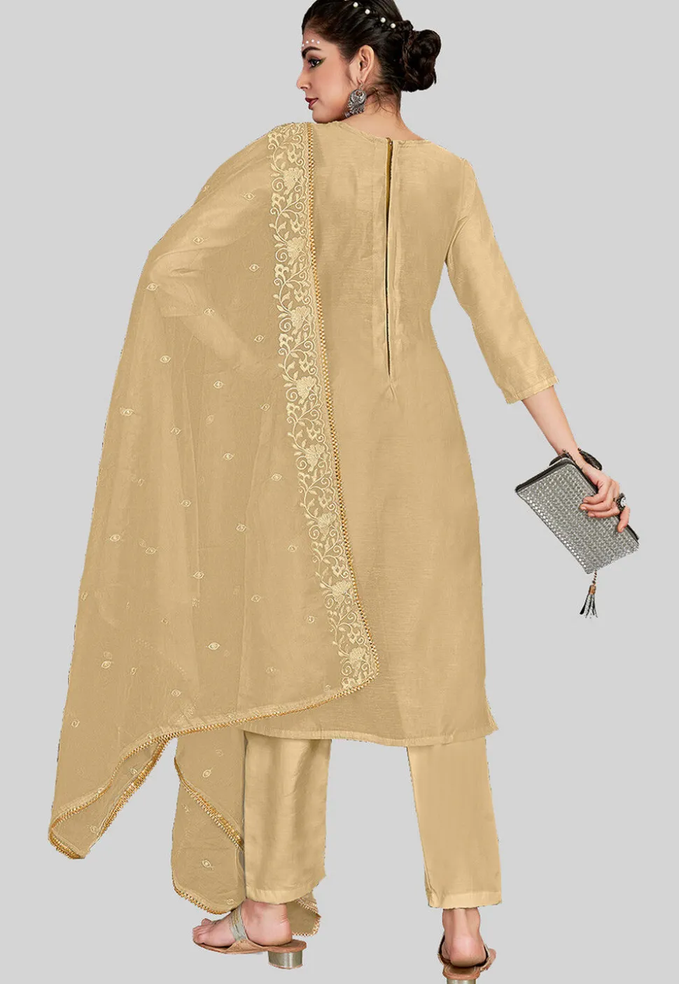 Embroidered Chanderi Silk Pakistani Suit in Beige