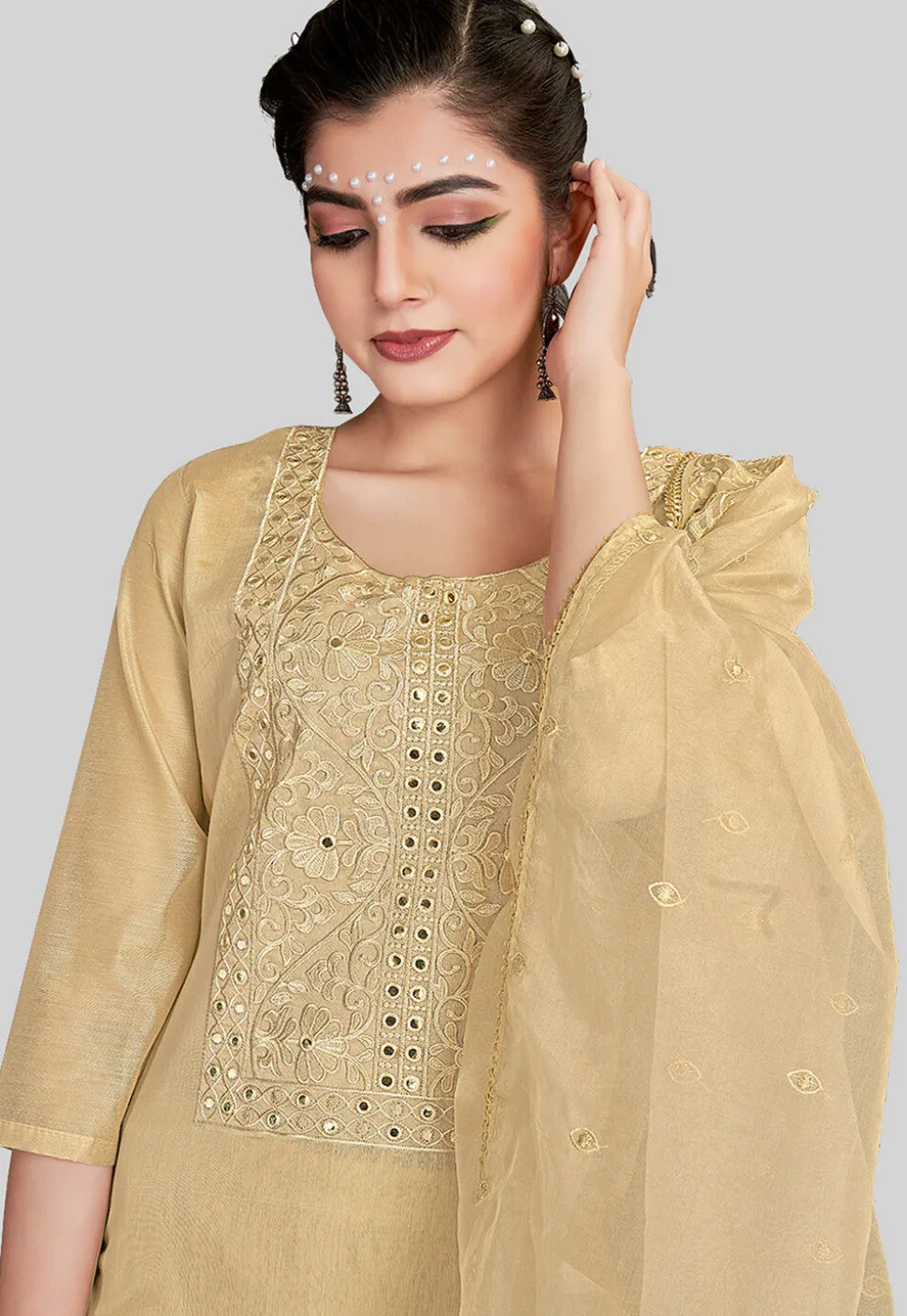 Embroidered Chanderi Silk Pakistani Suit in Beige