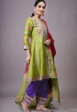 Embroidered Chanderi Silk Anarkali Suit in Olive green