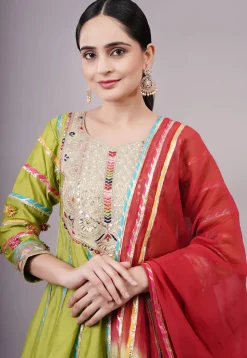 Embroidered Chanderi Silk Anarkali Suit in Olive green