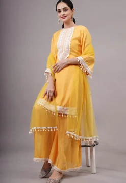 Embroidered Chanderi Silk Pakistani Suit in Yellow