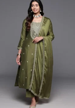 Embroidered Chanderi Silk Pakistani Suit in Olive Green