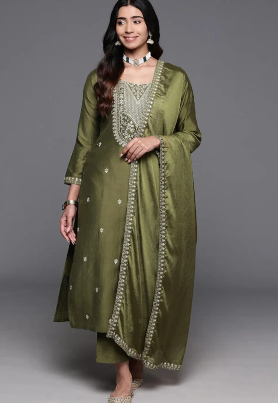 Embroidered Chanderi Silk Pakistani Suit in Olive Green