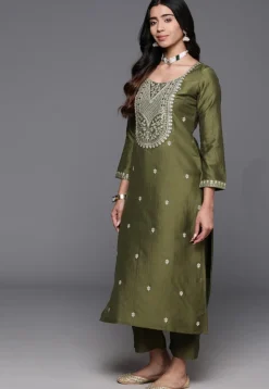 Embroidered Chanderi Silk Pakistani Suit in Olive Green