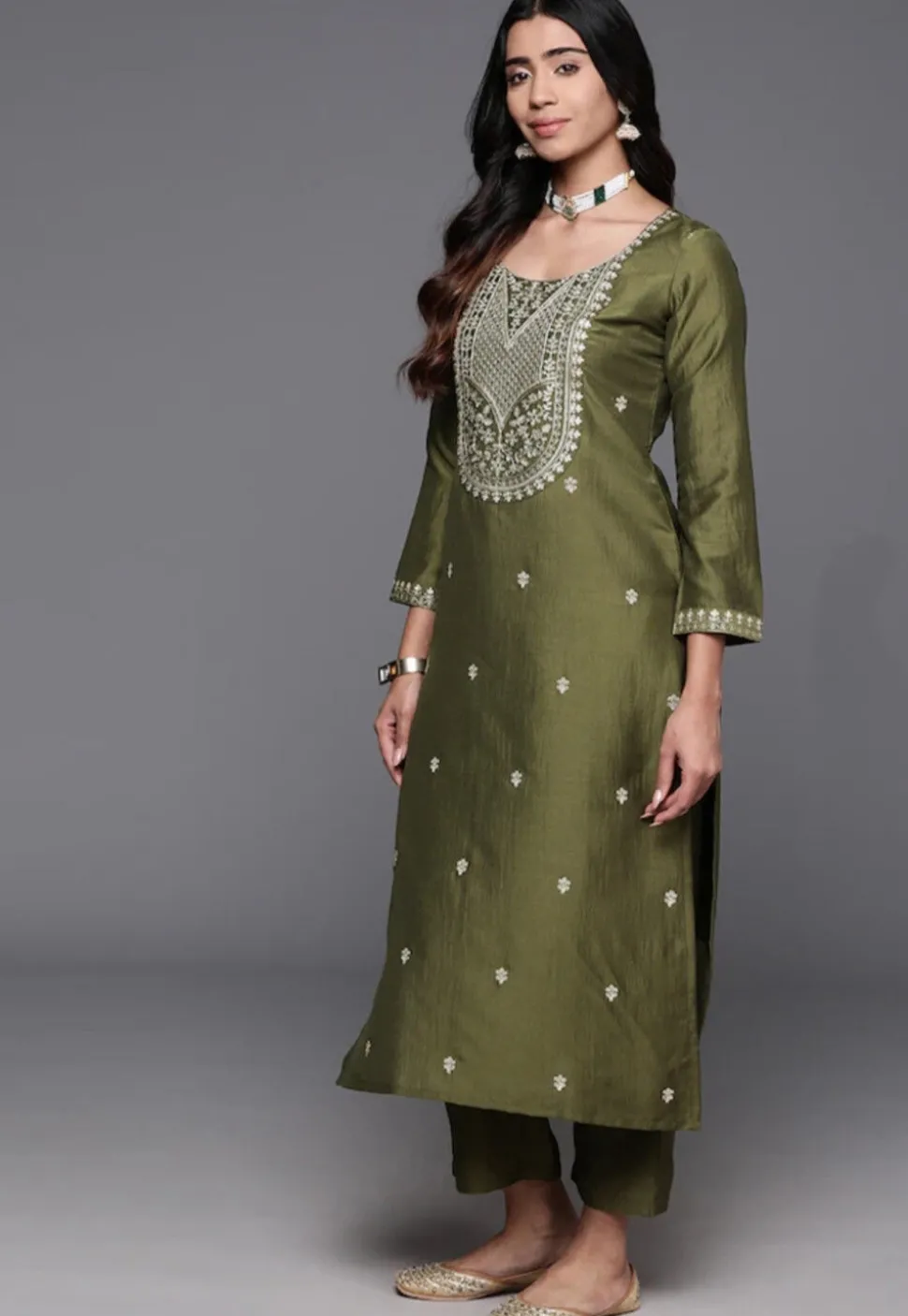 Embroidered Chanderi Silk Pakistani Suit in Olive Green