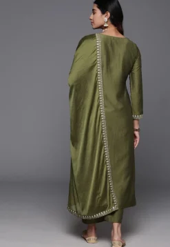 Embroidered Chanderi Silk Pakistani Suit in Olive Green