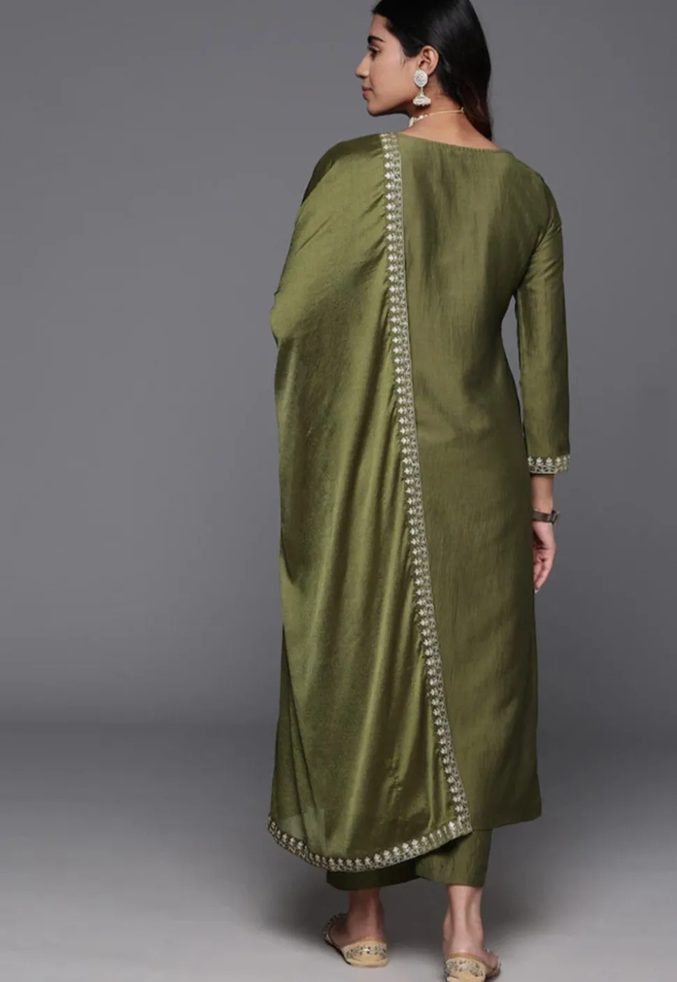Embroidered Chanderi Silk Pakistani Suit in Olive Green