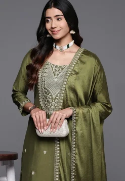 Embroidered Chanderi Silk Pakistani Suit in Olive Green