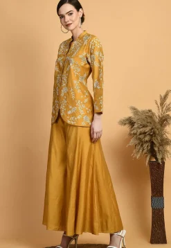 Embroidered Chanderi Silk Top Set in Mustard