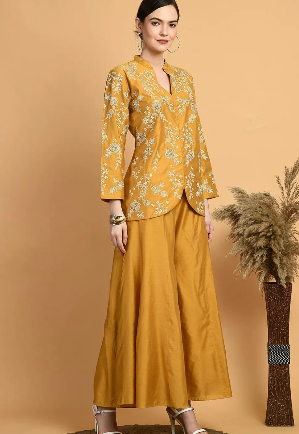 Embroidered Chanderi Silk Top Set in Mustard
