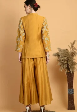 Embroidered Chanderi Silk Top Set in Mustard