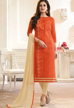 Embroidered Chanderi Silk Straight Suit in Orange
