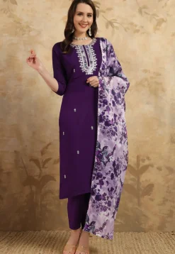 Embroidered Chanderi Silk Pakistani Suit in Wine