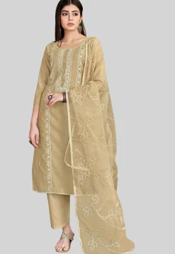Embroidered Chanderi Silk Pakistani Suit in Beige