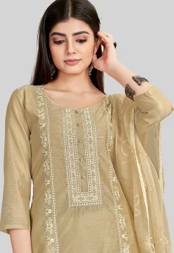 Embroidered Chanderi Silk Pakistani Suit in Beige