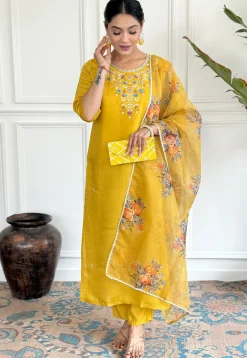 Embroidered Chanderi Silk Pakistani Suit in Yellow