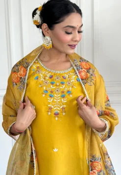 Embroidered Chanderi Silk Pakistani Suit in Yellow