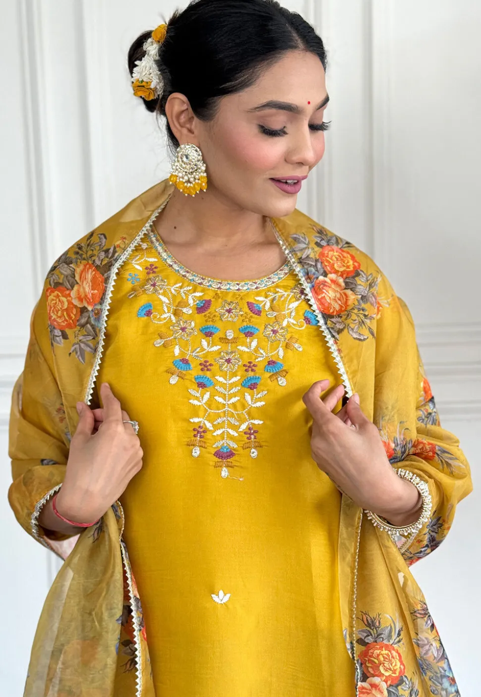 Embroidered Chanderi Silk Pakistani Suit in Yellow