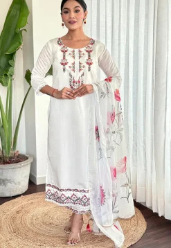 Embroidered Chanderi Silk Pakistani Suit in Off White