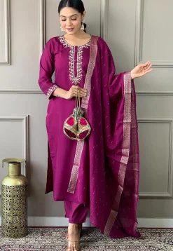 Embroidered Chanderi Silk Pakistani Suit in Wine