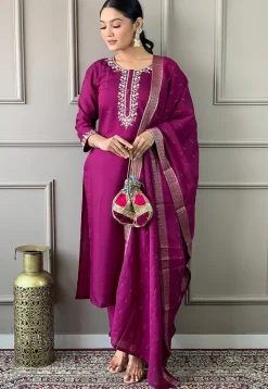 Embroidered Chanderi Silk Pakistani Suit in Wine