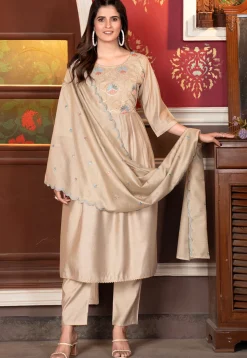 Embroidered Chanderi Silk Pakistani Suit in Beige