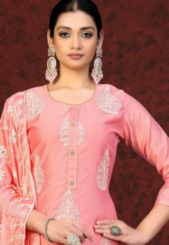 Embroidered Chanderi Silk Straight Suit in Peach