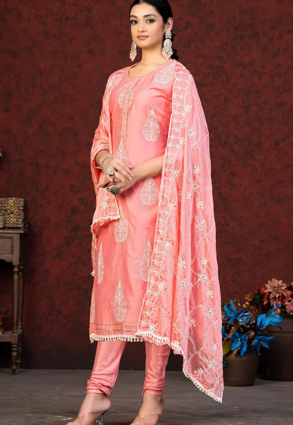 Embroidered Chanderi Silk Straight Suit in Peach