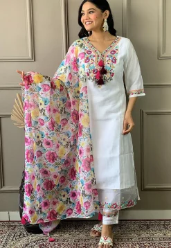Embroidered Chanderi Silk Pakistani Suit in Off White