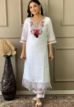 Embroidered Chanderi Silk Pakistani Suit in Off White