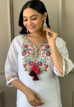Embroidered Chanderi Silk Pakistani Suit in Off White