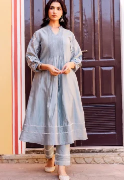 Embroidered Chanderi Silk A Line Kurta Set in Dusty Blue