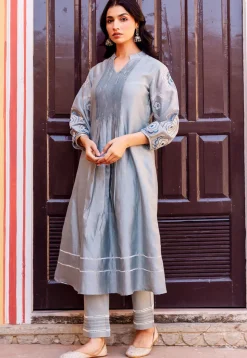 Embroidered Chanderi Silk A Line Kurta Set in Dusty Blue