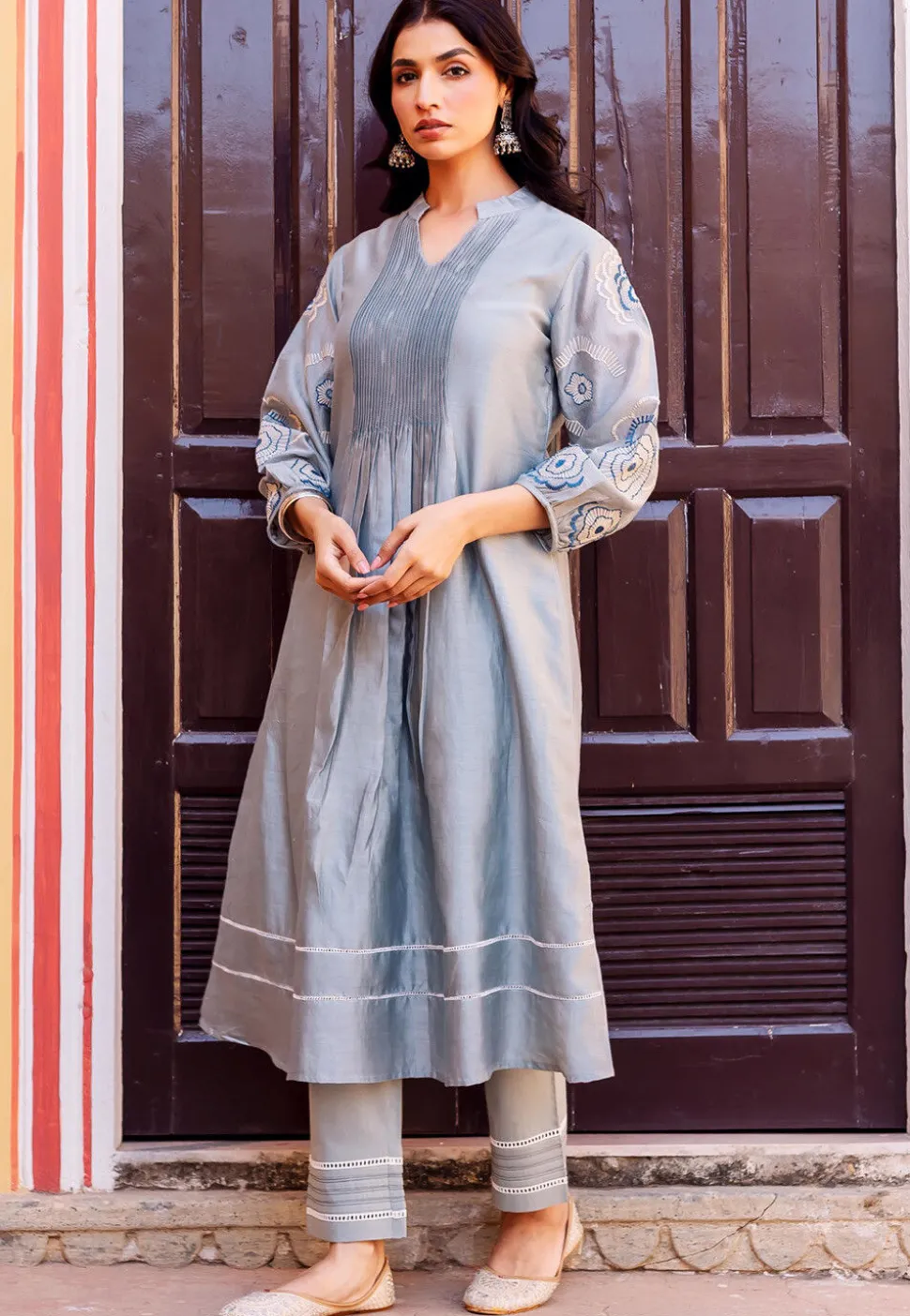 Embroidered Chanderi Silk A Line Kurta Set in Dusty Blue