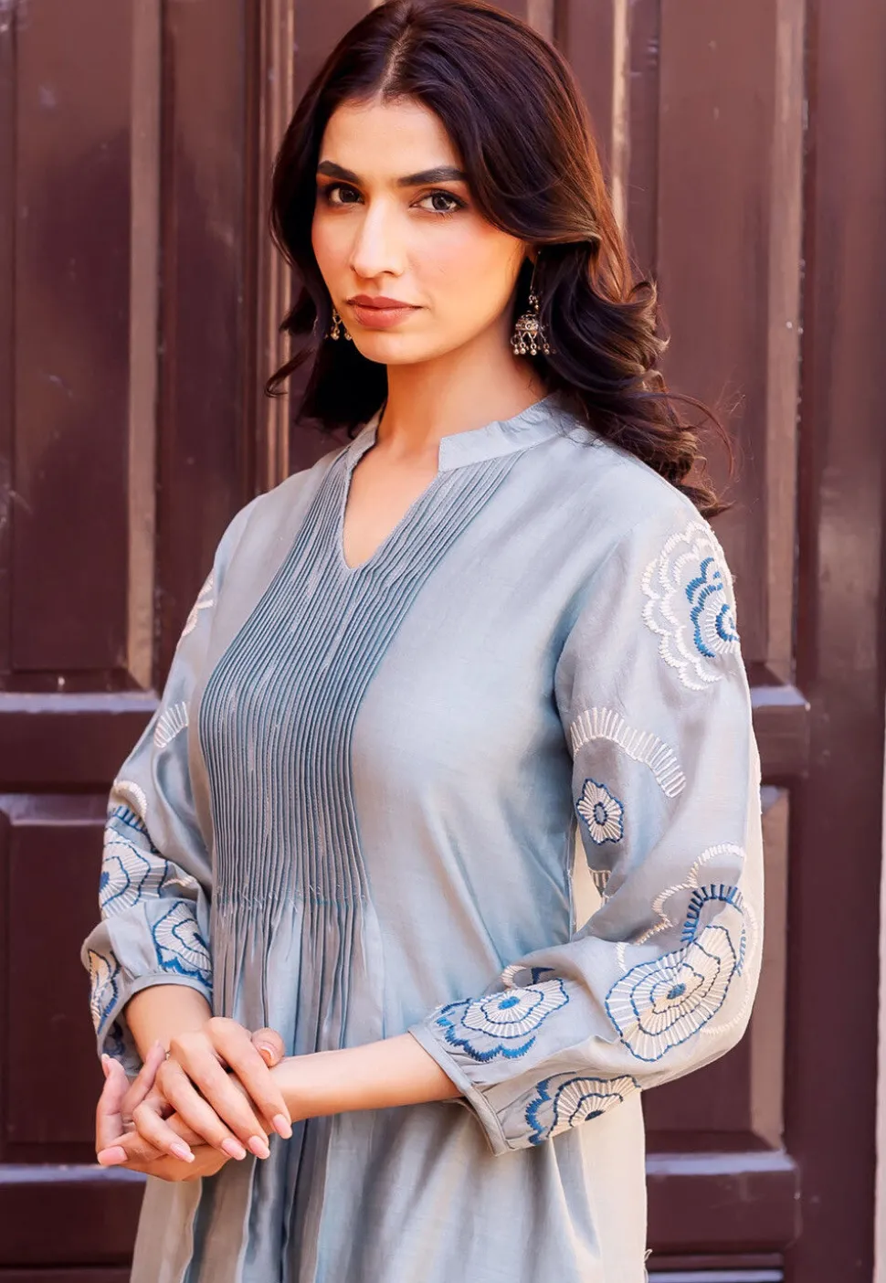 Embroidered Chanderi Silk A Line Kurta Set in Dusty Blue