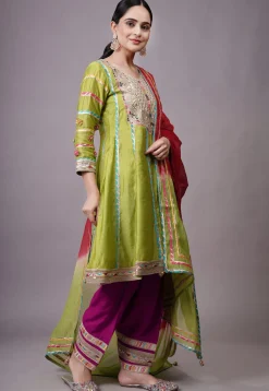 Embroidered Chanderi Silk Anarkali Suit in Olive green