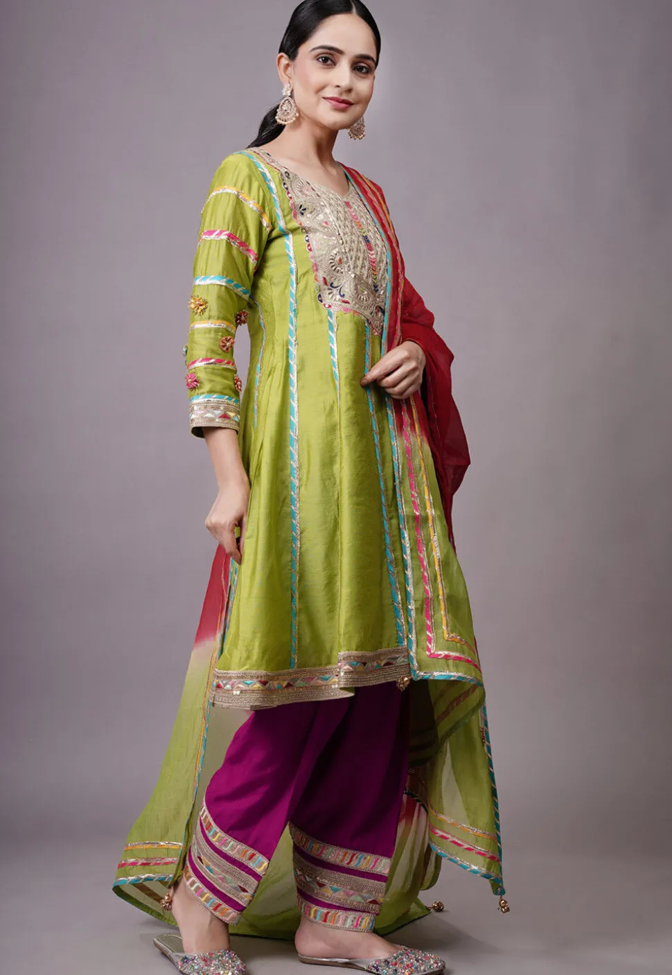 Embroidered Chanderi Silk Anarkali Suit in Olive green
