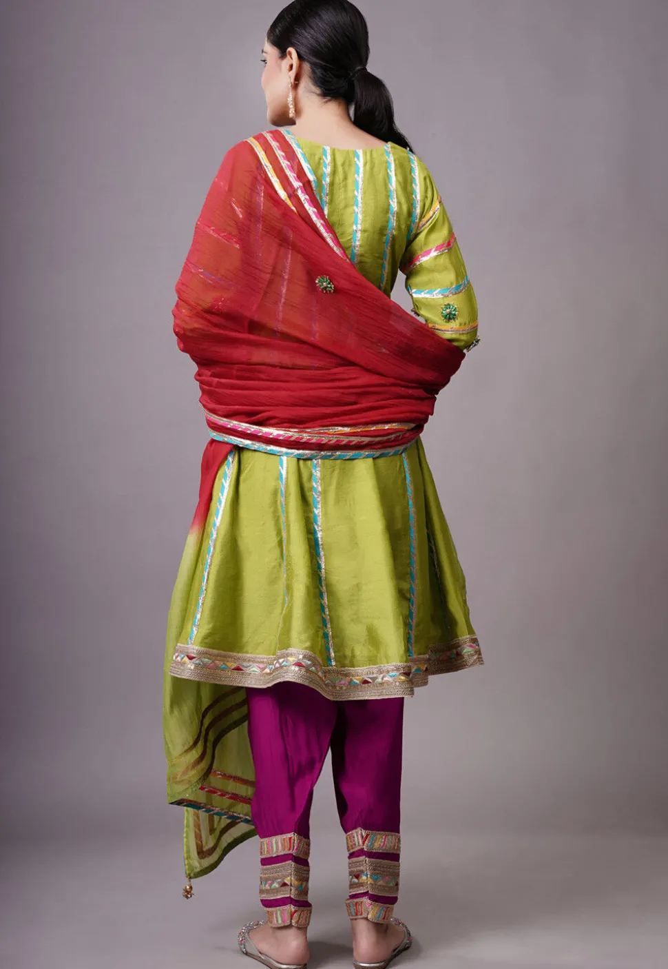 Embroidered Chanderi Silk Anarkali Suit in Olive green